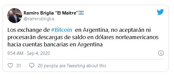 Tweet de Ramiro Briglia sobre el posible futuro de los exchanges de Bitcoin en Argentina. Fuente: @ramirobriglia