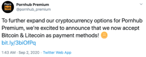 Tuit Pornhub LTC y BTC