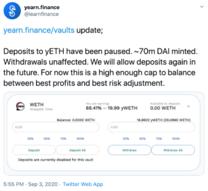 Tuit Yearn Finance sobre bajada del precio de Eth