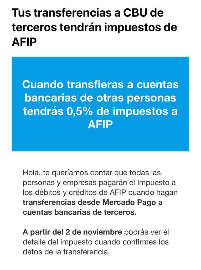 Comunicación recibida en la bandeja de entrada de los usuarios de Mercado Pago.