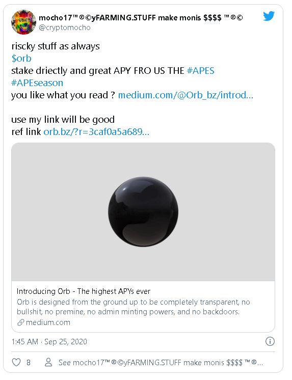 Tweet promocionando el proyecto Orb como riesgoso, pero también con ganancias exhorbitantes. Fuente: @cryptomocho
