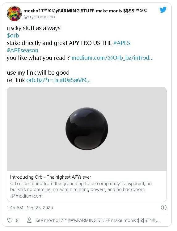 Tweet promocionando el proyecto Orb como riesgoso, pero también con ganancias exhorbitantes. Fuente: @cryptomocho