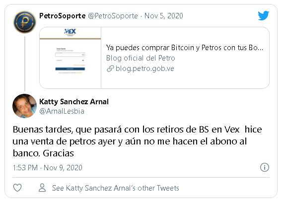 Reclamo desde Twitter hacia la cuenta de soporte de la criptomoneda Petropor demora en procesamiento de retiro. Fuente: Twitter.