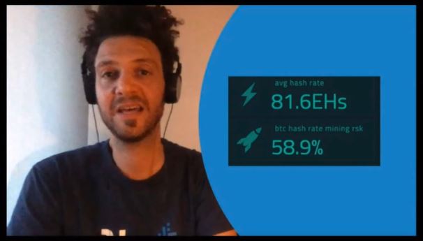 Gabriel Kurman durante su presentación presentando el valor de 58,9% para el hashing de RSK absorbido de la red Bitcoin. Fuente: BeInCrypto en CryptoNight 2020.