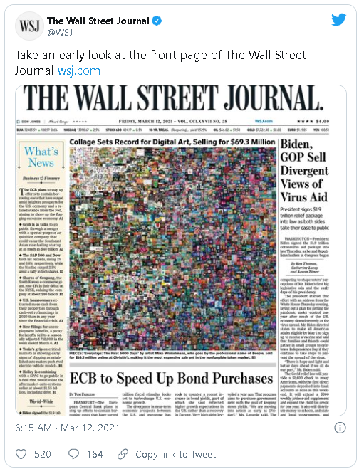 Portada del Wall Street Journal del 12 de marzo. Fuente: @WSJ.