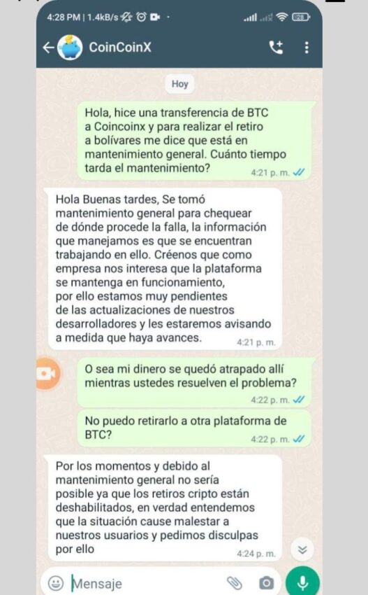 Conversación entre un usuario y el servicio de atención al cliente de CoinCoinX. Fuente: Twitter