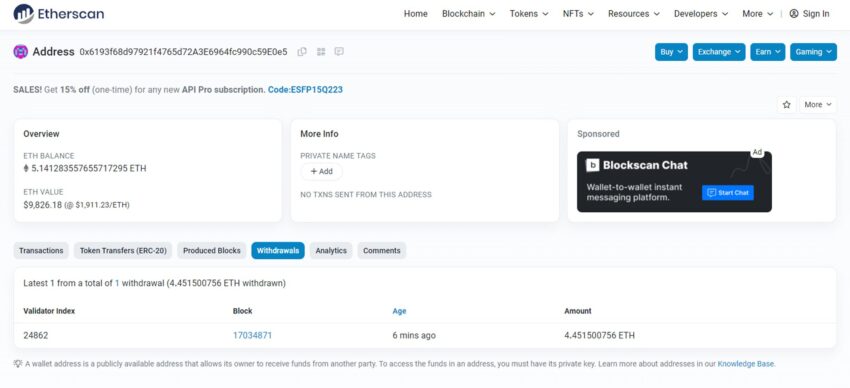 Retiros de ETH tras la actualización Shapella. Fuente: Etherscan