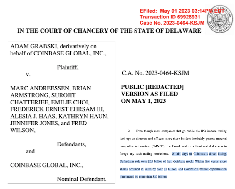 La demanda del Tribunal de cancillería del estado de Delaware de inside trading contra Coinbase por vender COIN con información privilegiada.