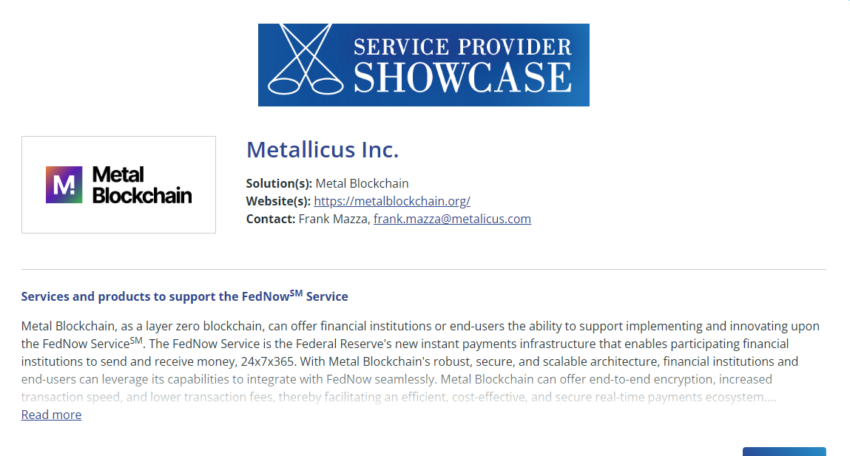 Metal Blockchain es ahora proveedor oficial de FedNow.