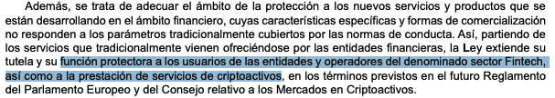Proyecto de ley 121/000134: La Autoridad Administrativa Independiente de Defensa del Cliente Financiero (AAIDCF) protegerá a los usuarios como la entidades del sector FinTech como a los servicios de criptoactivos.