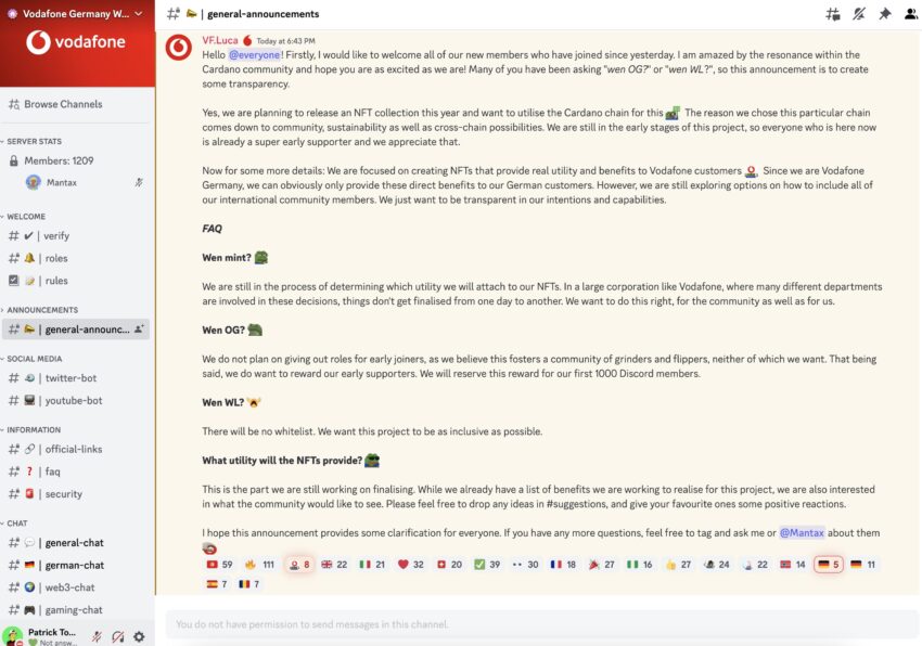 Vodafone confirmó su llegada a Cardano en un correo electrónico a empleados.