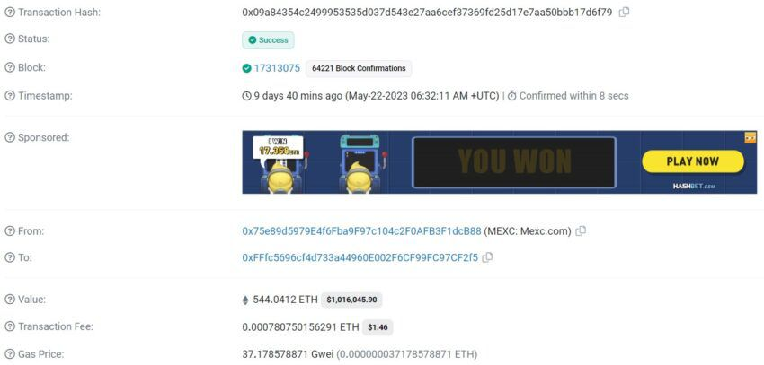 Una transacción de 544 ETH del exchange MEXC a un usuario.