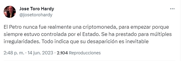 Venezuela Petro tuit.