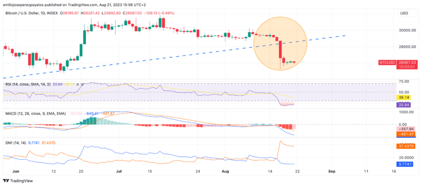 Detalle de BTC con RSI, MACD y DMI / Fuente: TradingView