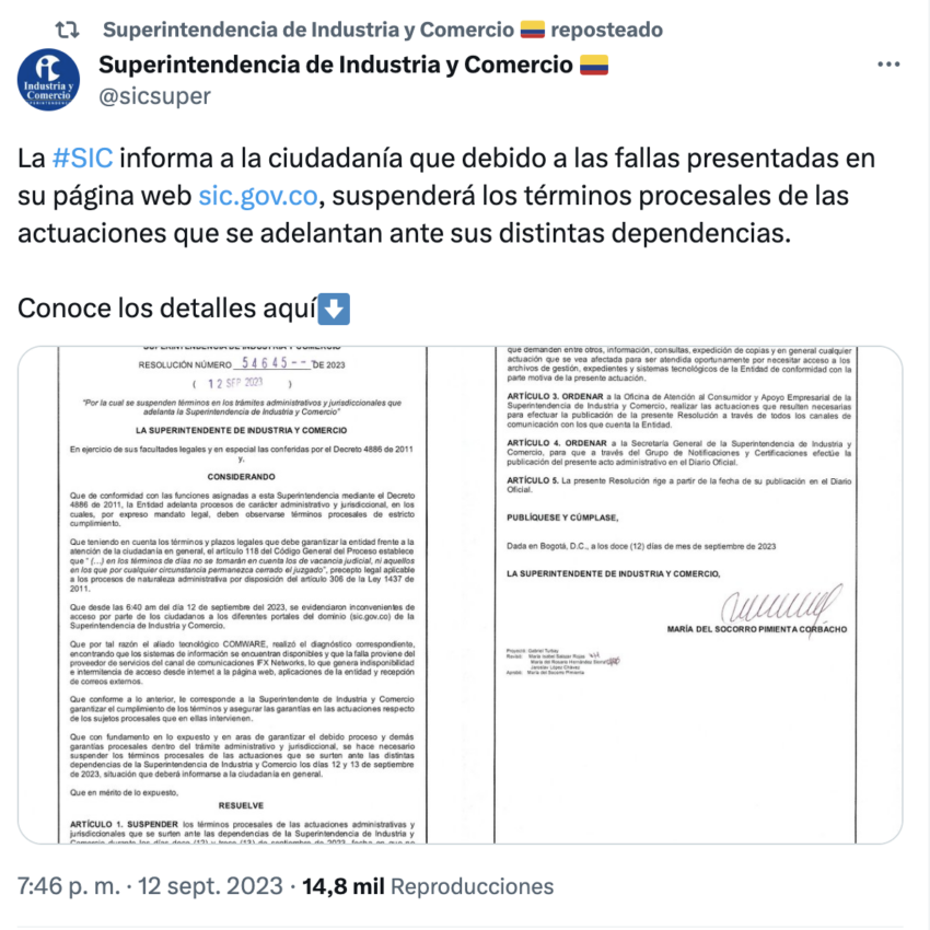 Imagen: Captura de pantalla cuenta de X oficial de la SuperIndustria y Comercio.