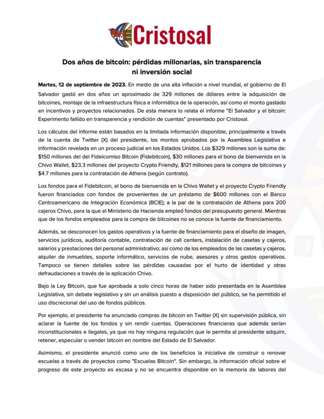 El reporte presentado por Cristosal sobre El Salvador. 