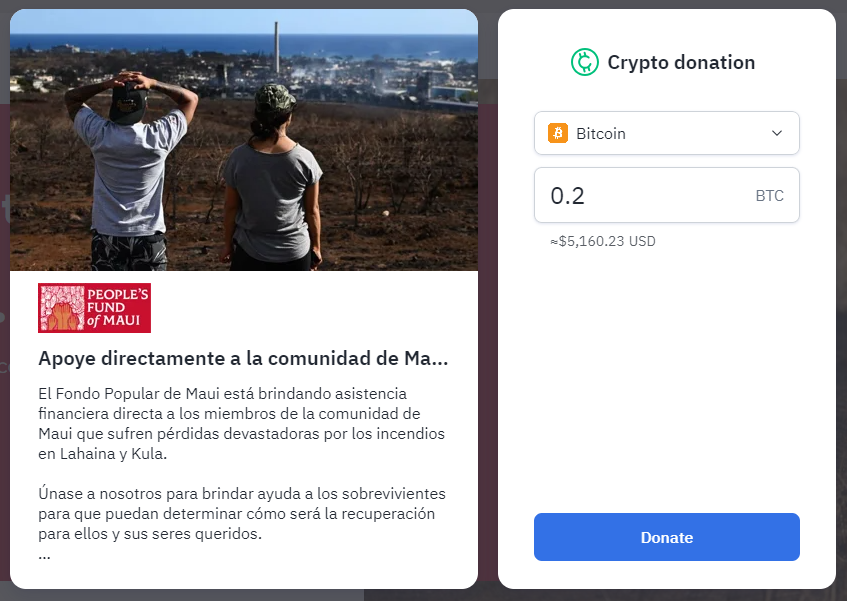 Captura de la interfaz que permite hacer donaciones en criptomonedas.