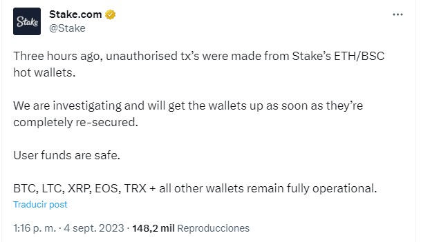 comunicado stake criptocasino hack