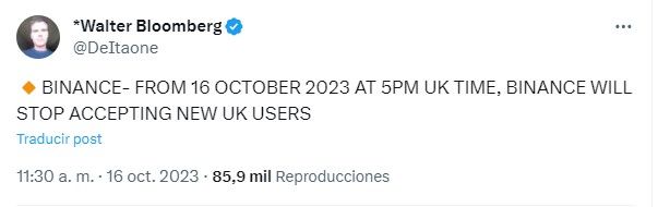 Anuncio de Binance sobre sus clientes en Reino Unido.