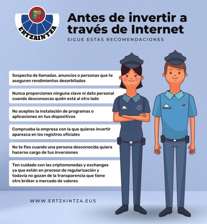 La policía del País Vasco reveló algunas sugerencias para evitar ser víctima de scams con criptomonedas.