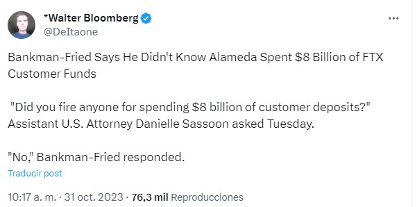 Bankman-Fried negó saber qué sucedió con los 8 mil millones de dólares de fondos de los clientes de FTX.