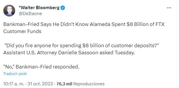 Bankman-Fried negó saber qué sucedió con los 8 mil millones de dólares de fondos de los clientes de FTX.