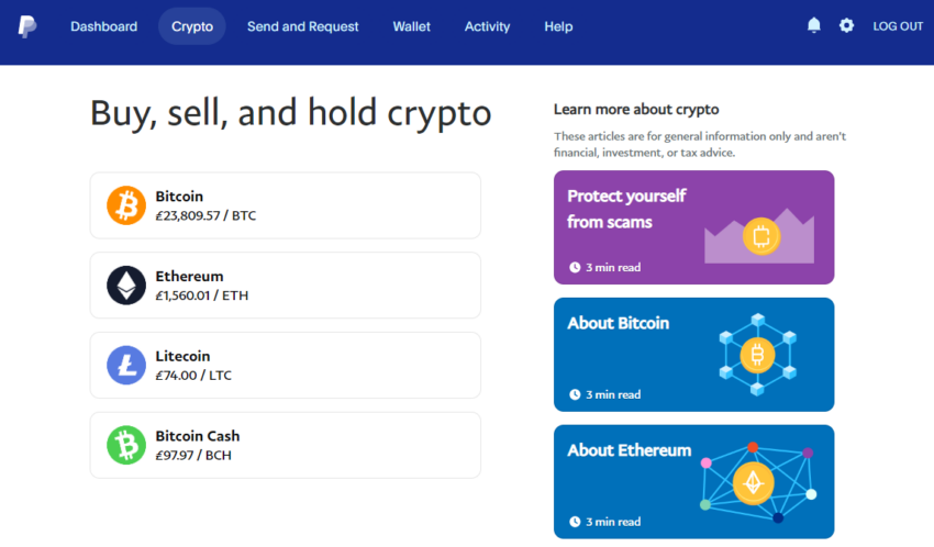 Criptomonedas disponibles en PayPal. Fuente: PayPal