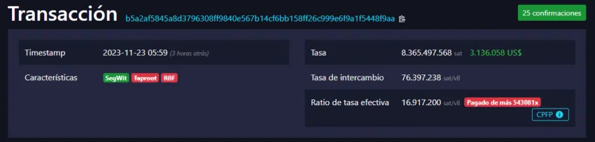Usuario paga 3 millones de dólares por una transacción de Bitcoin. Fuente: mempool-space