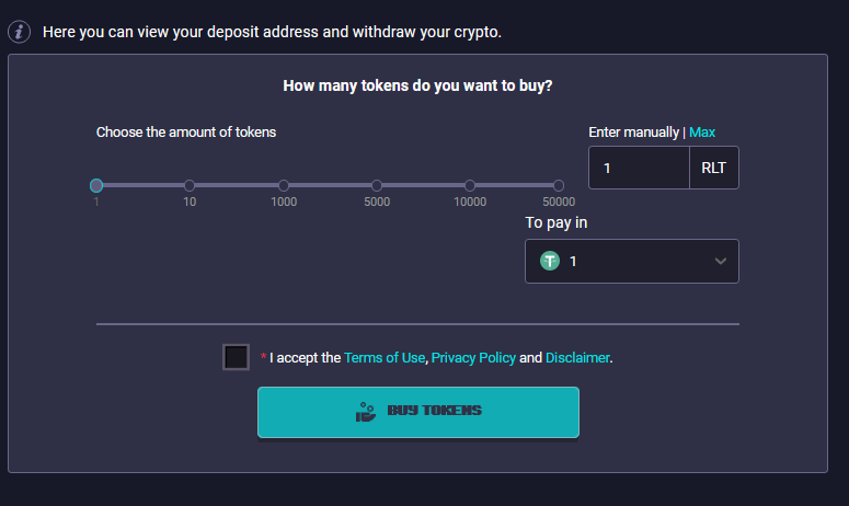 Cambio RLT a USDT en RollerCoin. Fuente: RollerCoin