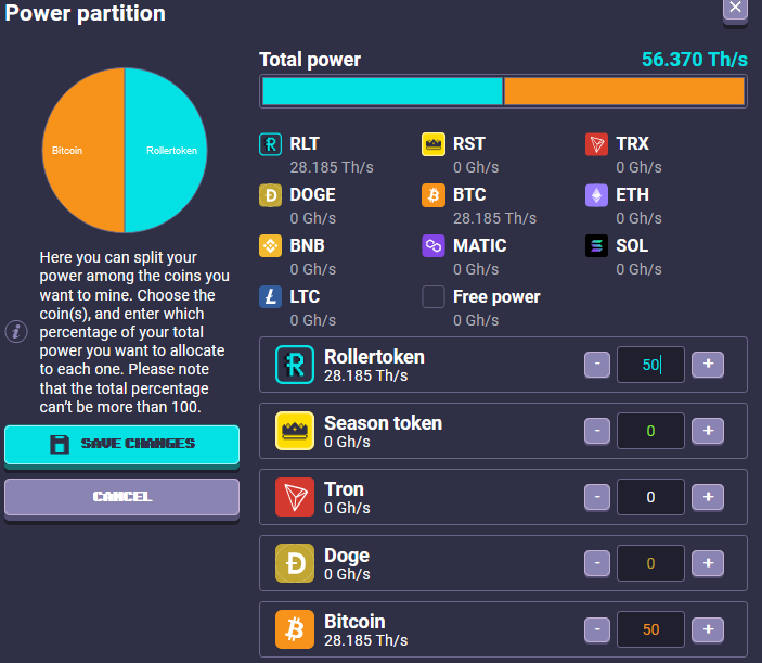 Minando varios tokens en RollerCoin.