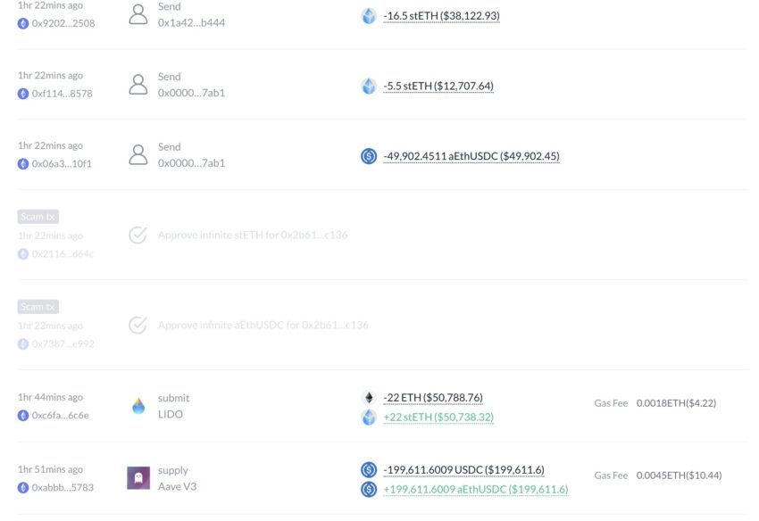 Detalles de transacción de la estafa de phishing en Ethereum