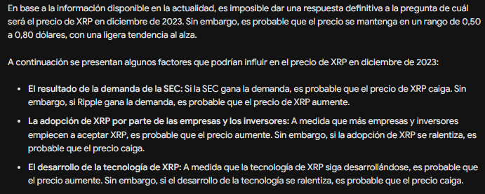 Predicción del precio de XRP para diciembre 20023. Fuente: Google Bard