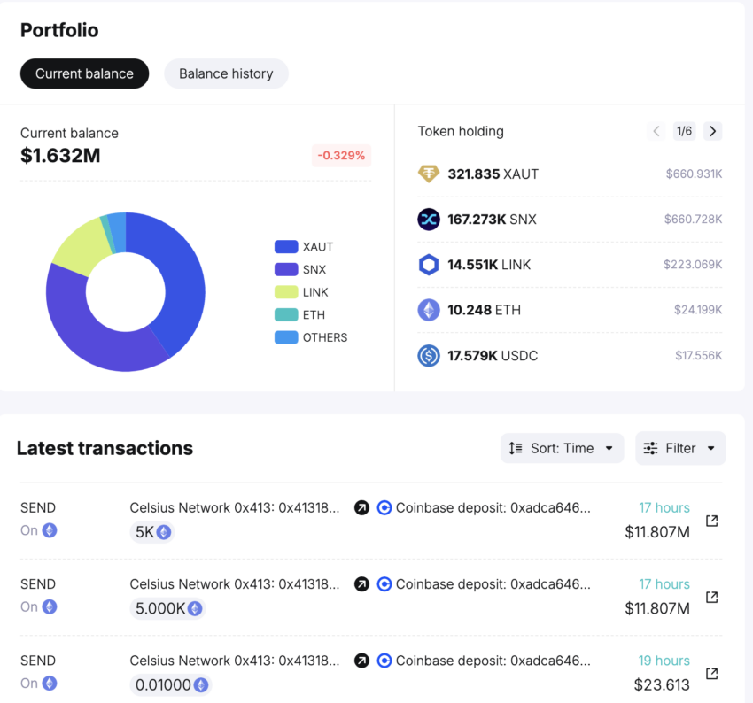 Cartera A Celsius Network Wallet y últimas transacciones con Ethereum.