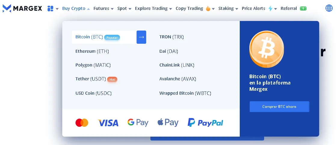 Reseña de Margex. Criptoactivos disponibles en Margex. Fuente: Margex