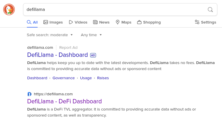 Anuncio engañoso de DeFiLlama en DuckDuckGo. Fuente: 0xngmi