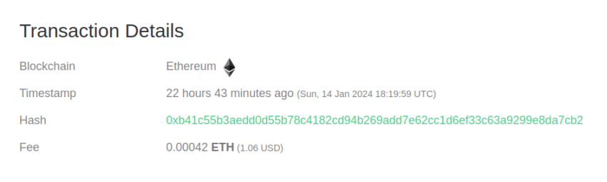 Detalles de la transacción del monedero Ethereum. Fuente: Etherscan