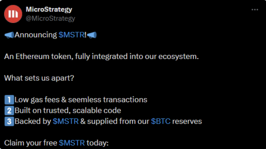 Publicación comprometida de MicroStrategy en X, anunciando $MSTR.