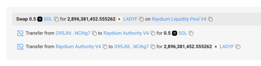 Trader invirtió 0.5 SOL para comprar la memecoin LADYF de Solana. Fuente: X/@lookonchain