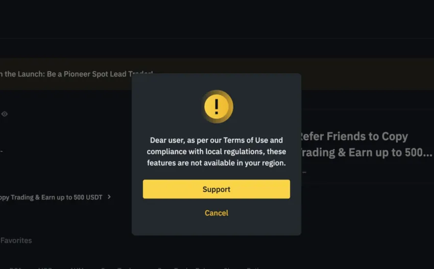 Notificación de Binance sobre restricciones al copy trading en la UE.