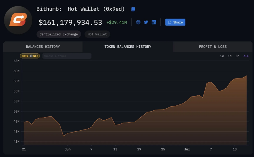 Tenencias minoristas coreanas de Worldcoin en Bithumb.