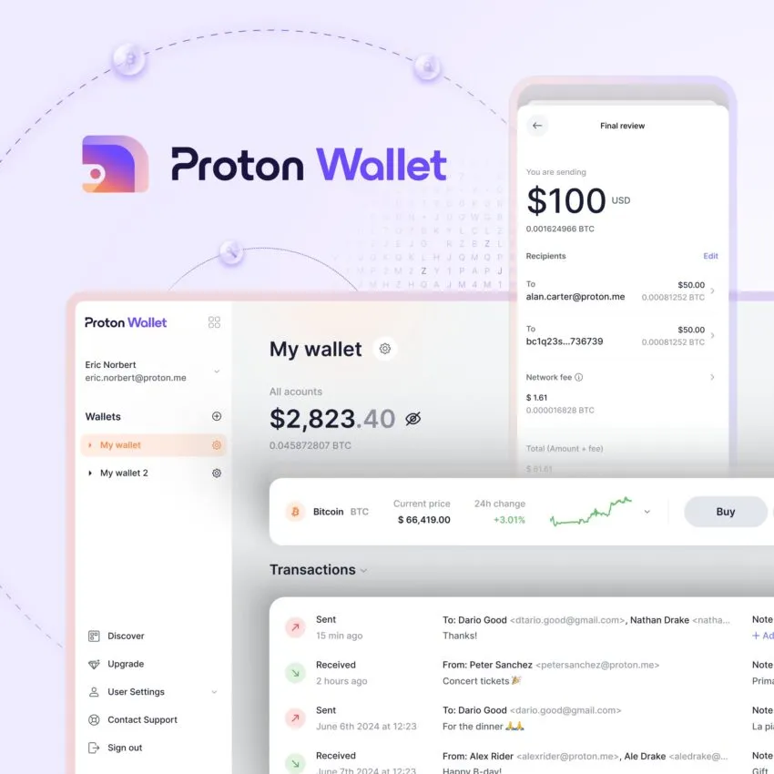 Con esta nueva funcionalidad, ya es posible enviar Bitcoin mediante email en vez de una dirección de BTC común. Fuente: Proton Wallet.