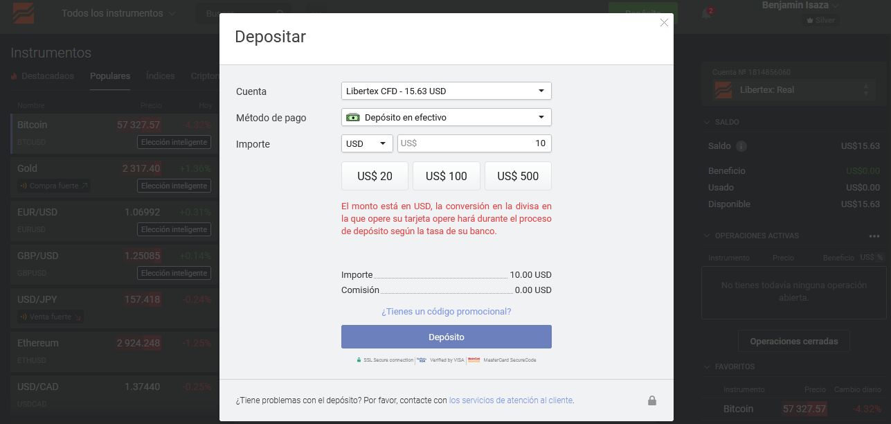 ultimo paso para depositar en libertex