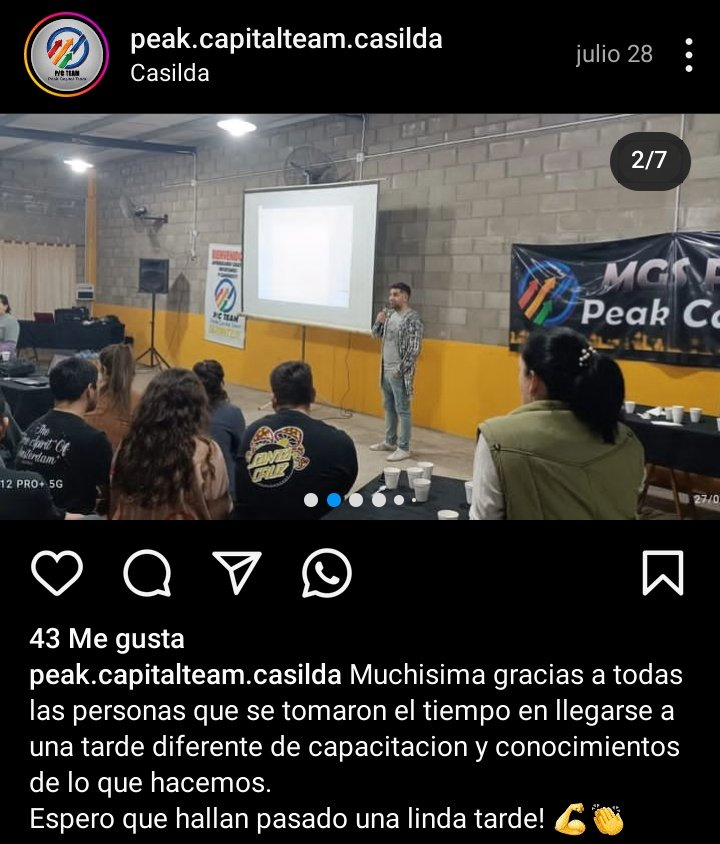 Screenshot del post de Peak Capital Team en Instagra
estafas criptomonedas Argentina