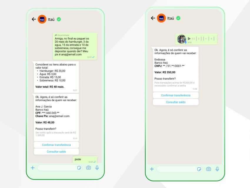 Pantallas de Itaú en WhatsApp (divulgación)