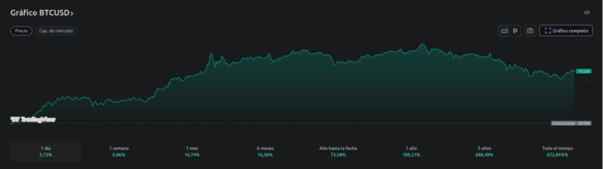 Evolución del precio de Bitcoin - 24 horas. Fuente: TradingView