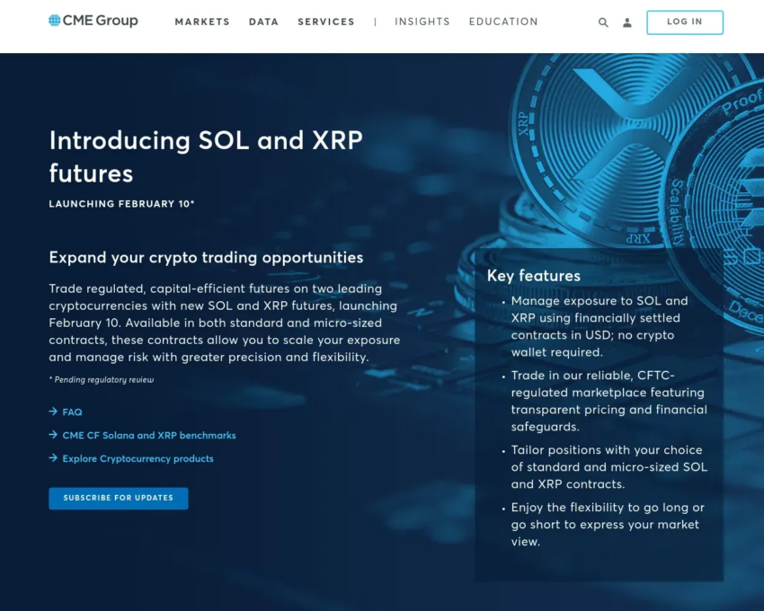 El anuncio de futuros SOL y XRP, ahora eliminado del sitio web de CME Beta.