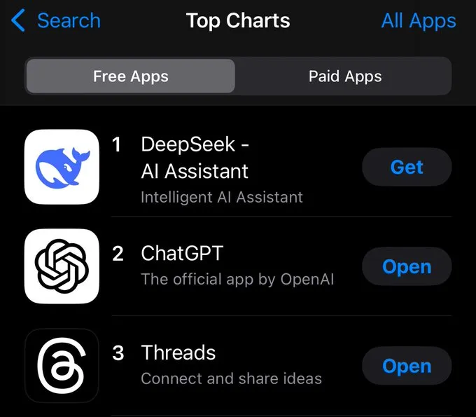Deepsek arrasa en la App Store. Fuente: X/@KobeissiLetter
