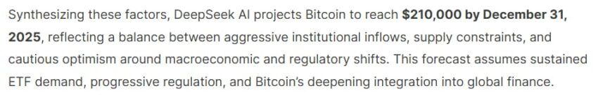 DeepSeek comparte predicción del precio de Bitcoin para 2025. Fuente: Finbold.