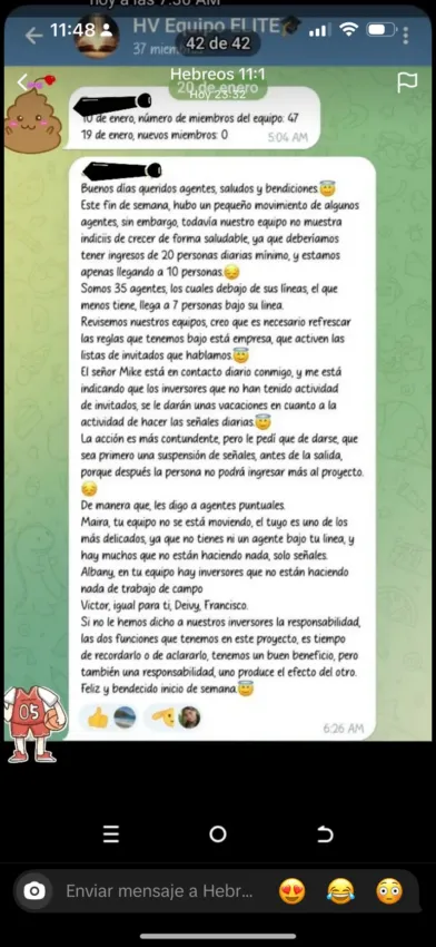 Screenshot del grupo de HV IJEX en Telegram. Fuente: X/@criptolawyer
Estafa criptomonedas