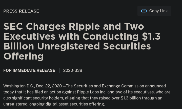 La SEC presentó una demanda contra Ripple Labs en 2020 por la venta de "valores no registrados". Fuente: SEC